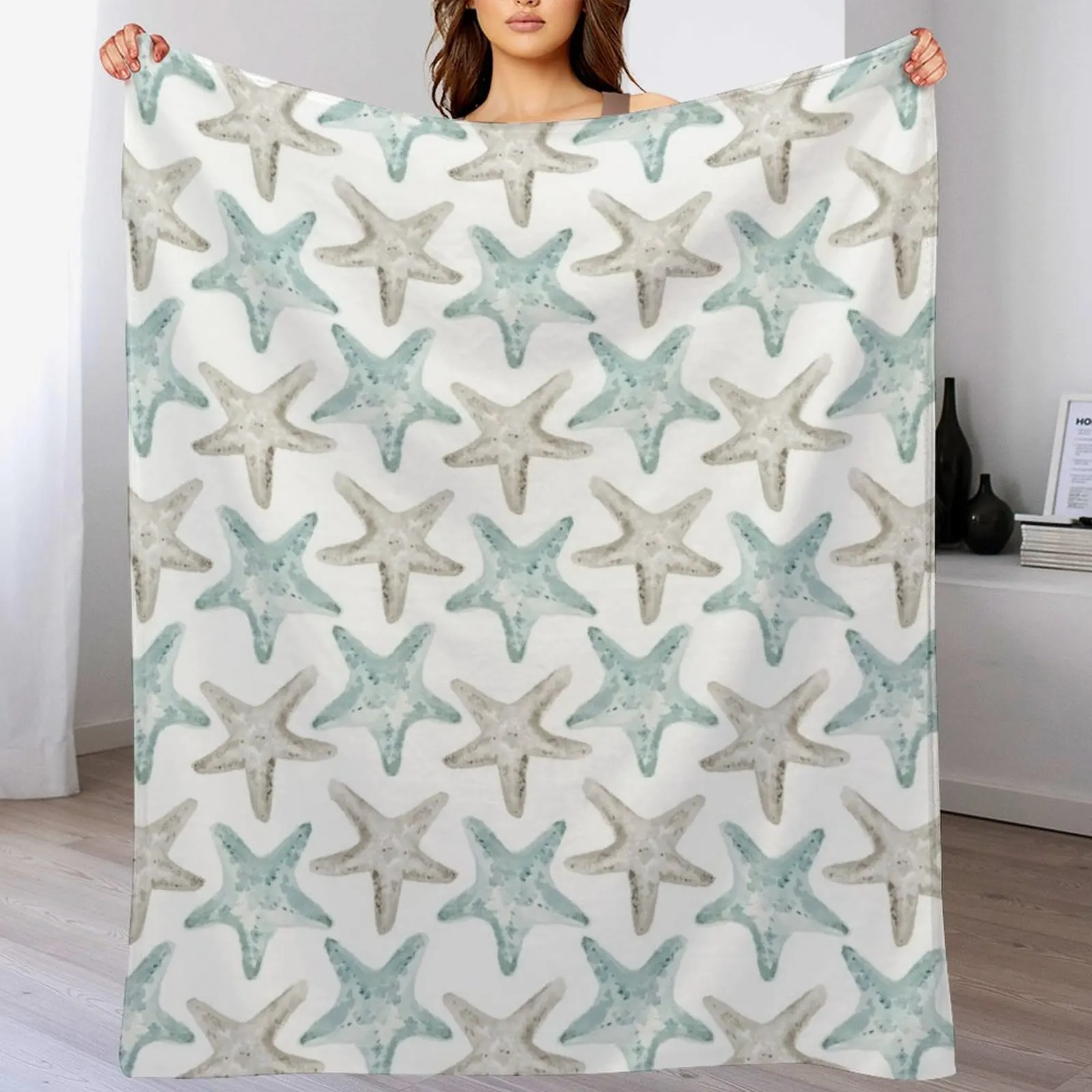 

Starfish Pattern - Watercolor gray and coastal blue Throw Blanket Decorative Sofas Luxury Designer Travel Blankets