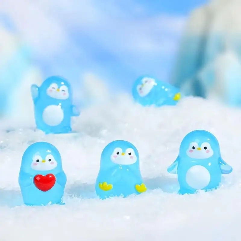 10-piece mini blue penguin statue, realistic miniature glow-in-the-dark penguin ornament, resin DIY decoration.