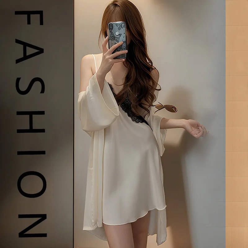 

Pajamas women's summer 2025 new spring and autumn ice lace sexy suspender nightgown nightgown with chest pad pure desire loungew