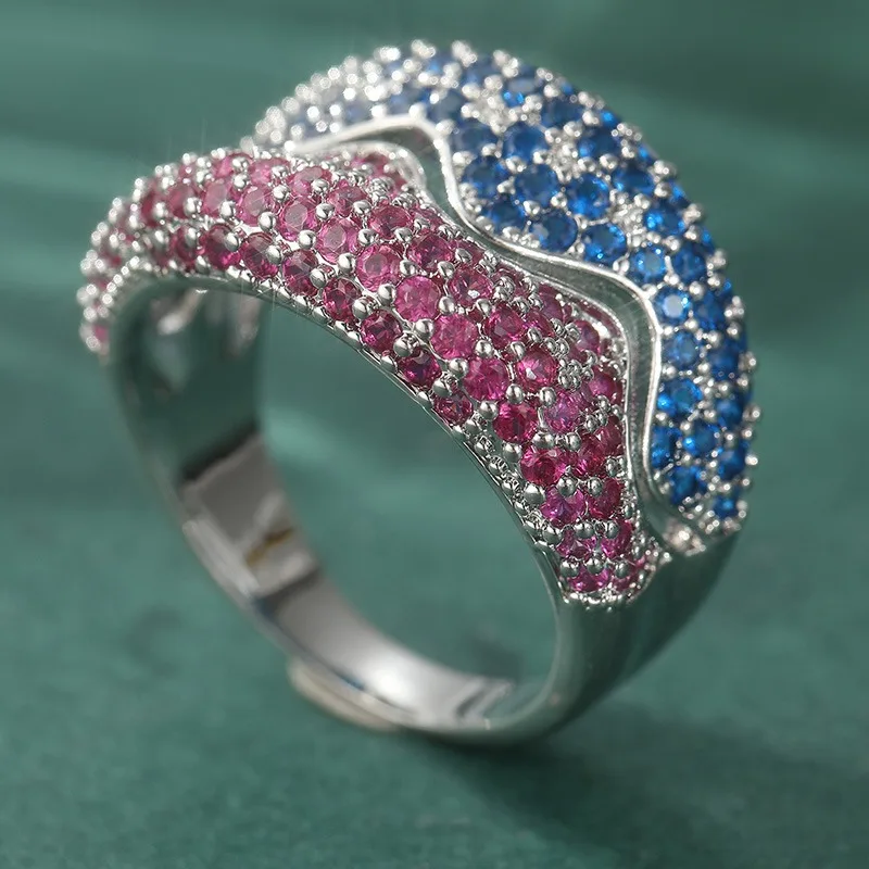 Wunderschöner Eingelegter Blau-Roter CZ Damenring Trendiger Silberfarbener Geometrischer Alltags- und Partyschmuck Jubiläumsgeschenk – Detail 4