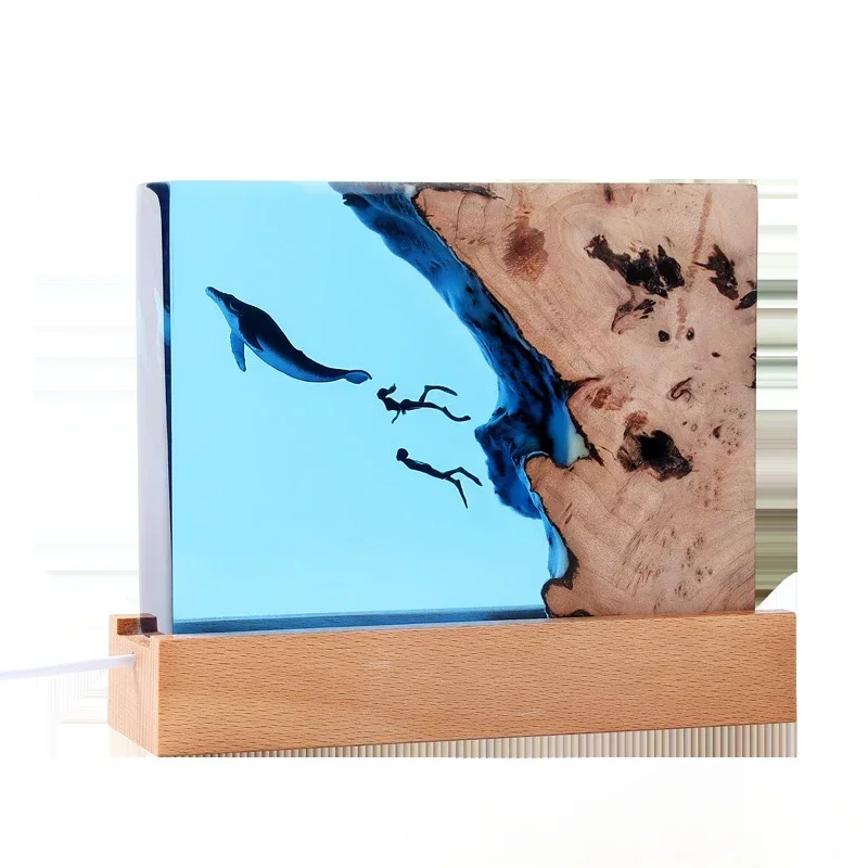 Ocean Micro Landscape Epoxy Resin Night Light Solid Wood Desktop Ornament Crafts