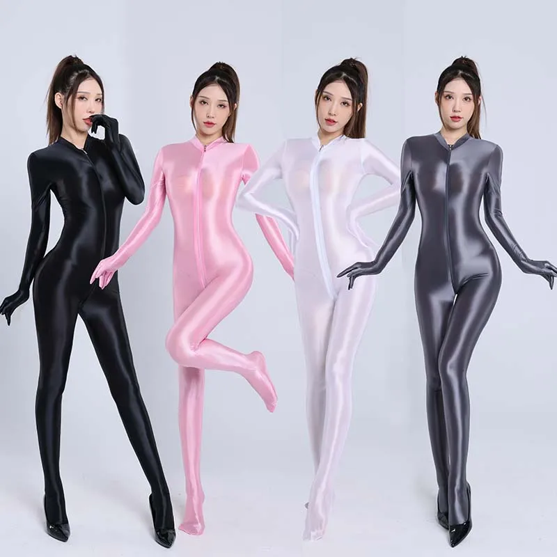 Einteiliger offener Schritt Bodysuit, ölige Yoga-Sportarten, dünne Shape wear, Wickel fuß, glänzend, Reiß verschluss vorne, Zentai Jumps uit, sexy Frauen