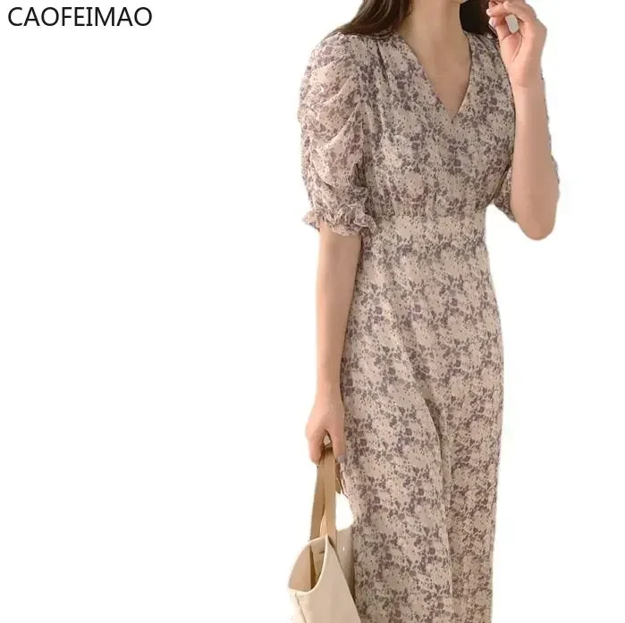 2025 Summer Elegant V-neck Long Waist Hugging Fresh Floral Dress Women French Style Puff Sleeve Temperament Chiffon Skirts