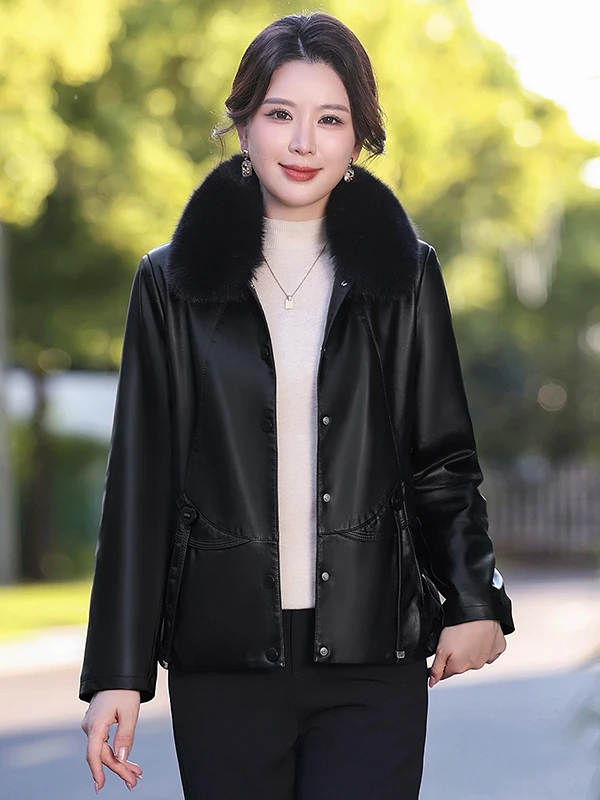 Manteau en cuir épais doublé polaire chaud pour femmes d'âge mûr – Tendance hiver, décontracté et confortable