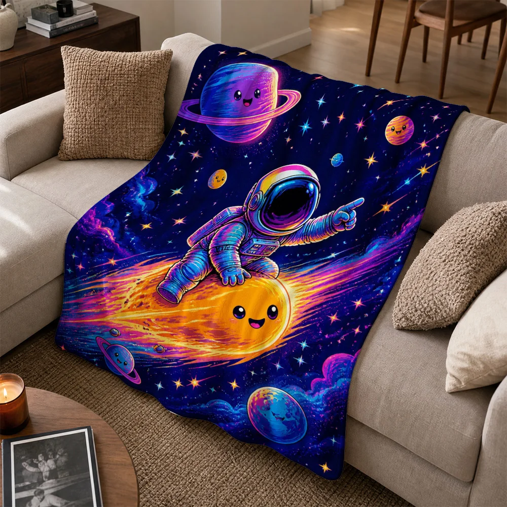 Aesthetic Space Galaxy Throw Blanket for Couch Decor Astronaut Planets Cosmic Fleece Sofa Cover Gift