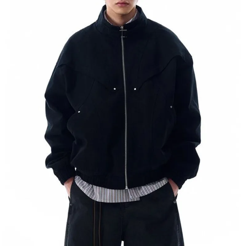 Japanese Style 3D Cut Stand Collar Workwear Jacket Men's Loose Casual Cleanfit Jacket Hard Wide Heavy Cargo Coats Strretwear