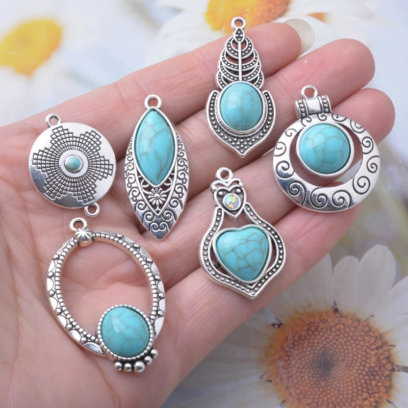 10pcs Antique Silver Color Alloy Imitation turquoise stone Round Connector Heart Water Drop  Leaf Charms Jewelry Pendants