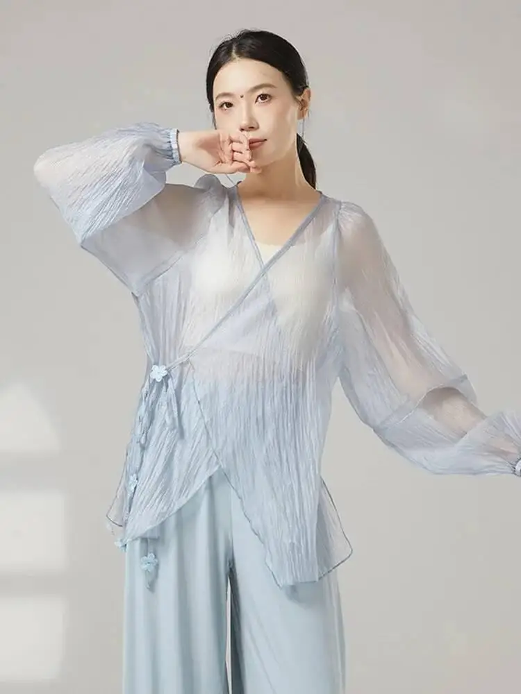 

Рубашка для современного танца с пышными рукавами и завязками, однотонный облегающий топ с длинными рукавами для женщин, сценическая практика, репетиция