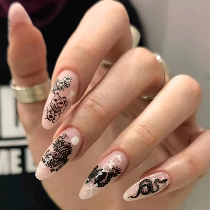 24Ps/Set Dark Snake Small Flower Fashion Wearing False Nails Spice Girls Removable Press on Nail Adhesive Acrylic Fake Nail Tips