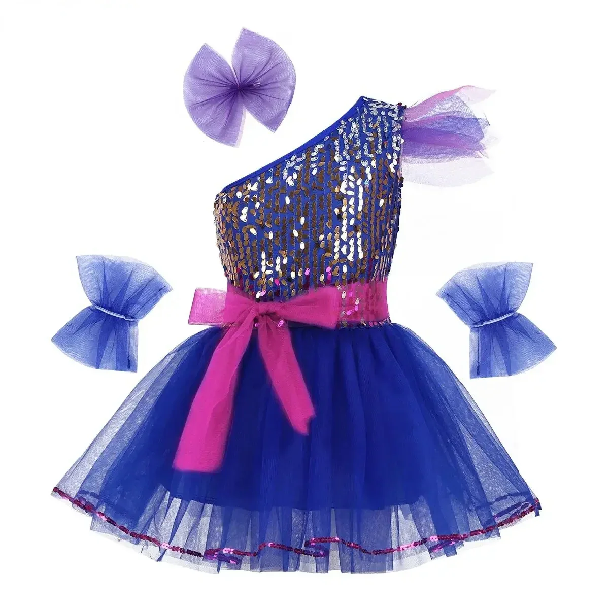 Sequined Hip Hop Dance Outfits Kids Girls One-Shoulder Ballet Tutu Mesh Dress Modern Latin Jazz Contemporary Dance Costume Set