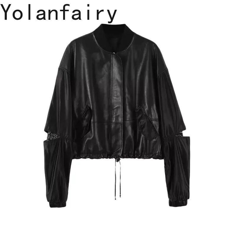 

YOLANFAIRY Genuine Sheepskin Leather Jacket Women Korean Style Bat Sleeves Long Sleeve Real Leather Coat Black Short Outerwear