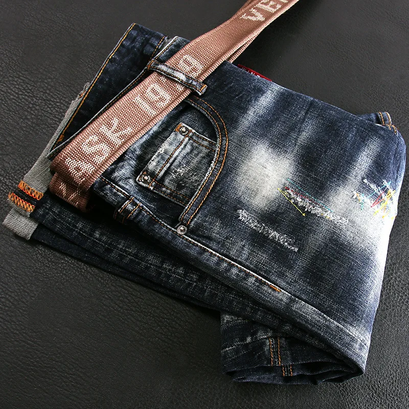 Streetwear Fashion Men Jeans Retro Black Blue Stretch Slim Fit Ripped Jeans Men Embroidery Designer Hip Hop Vintage Denim Pants