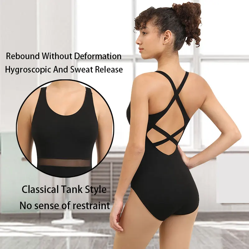 Women\'s Ballet Dance Leotard Tank Leotards Sleeveless with Mesh Waist and Crisscross Straps Back Ballet Bodysuit Clothes