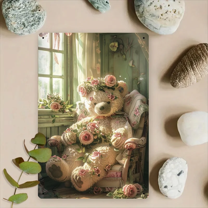 2D Flat - 2D Plane - [2D Plane] 1 Vintage Floral Teddy Bear Metal Wall Art | 7.87X11.81 Inch Iron Print, Pink Roses And Green Pl