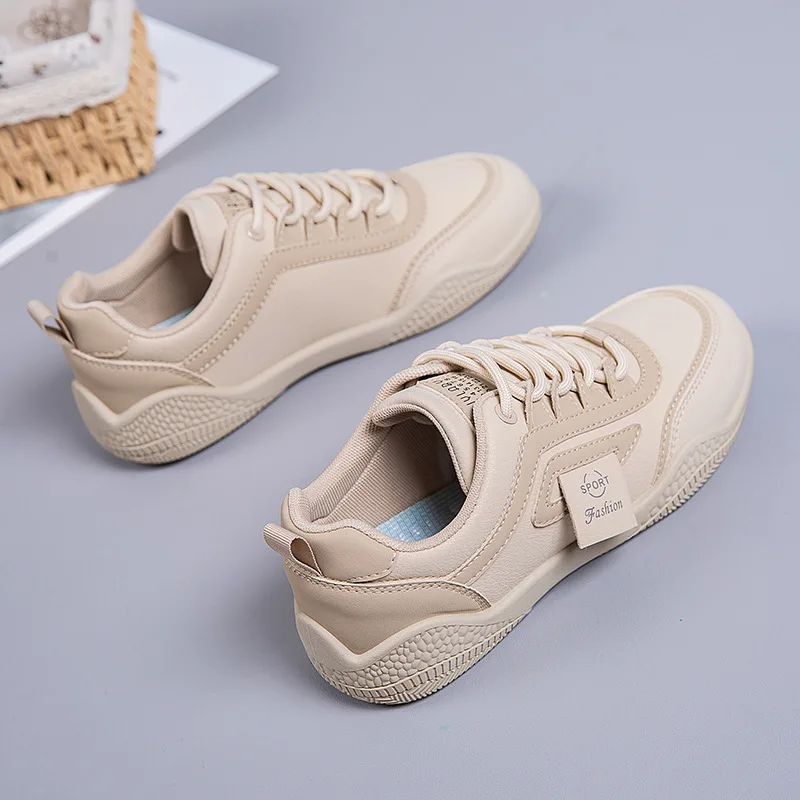 

New Autumn Ladies Casual Anti-slip Sport Panel Shoes Soft Bottom Leather Surface Lightweight Wear-resistant Versatile White S...