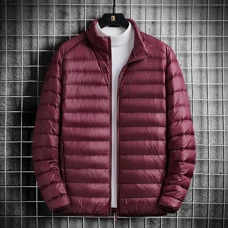 

Thiened Autumn Winter Men's down Jaet Wine Red Slim Fit Outerwear with Fce Lightweight High Densi Nylon Fabric