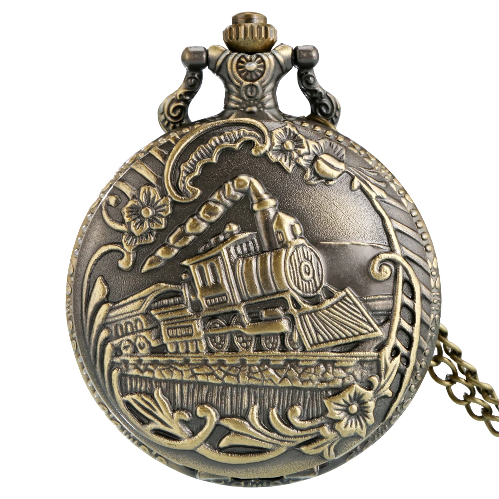 Vintage Bronze Train Front Locomotive Engine Necklace Quartz pedent gift  Pocket Watch Chain P07