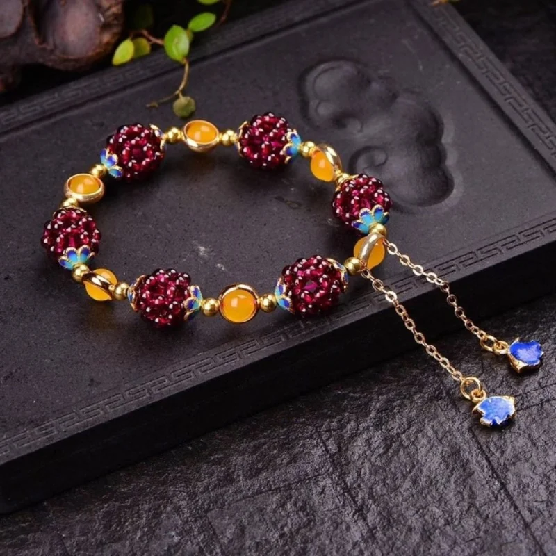 

Burgundy Garnet Handmade Woven Flower Ball Round Bead Bracelet