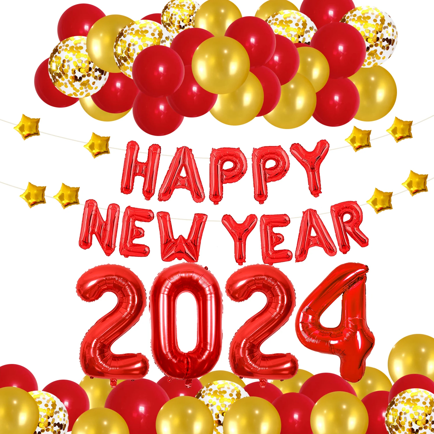 

JOYMEMO Happy New Year 2024 Balloons Decorations New Years Eve Party Supplies 2024 Foil Balloons Banner Gold Red Balloon Kit