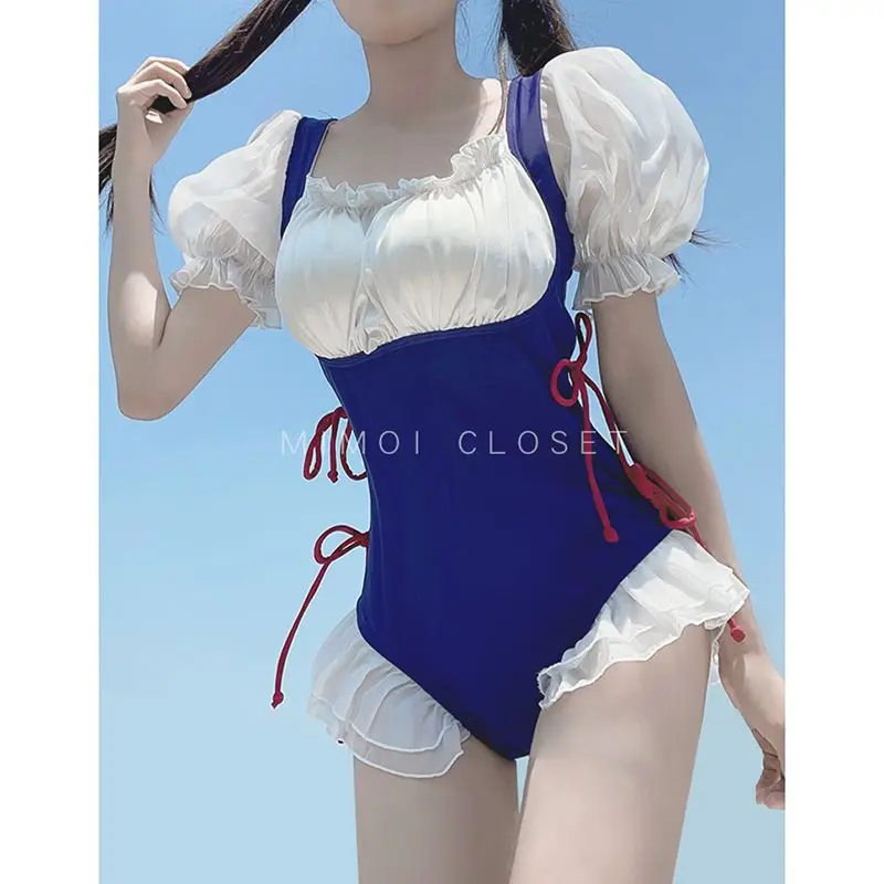 Maillot de bain une pièce Kawaii, style japonais Y2K, sexy, dos nu, à volants, à lacets, pour femmes, vêtements de plage