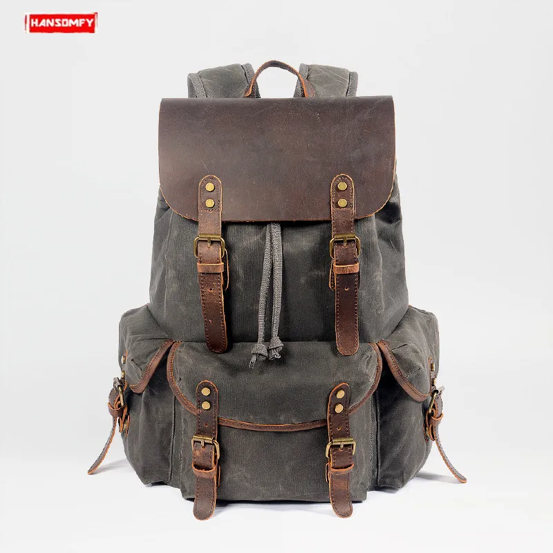 

Men's Backpack Hiking Shoulder Bag Vintage Men Waterproof Bag Retro Outdoor Casual Travel Backpacks with Cowhide Leather Canvas