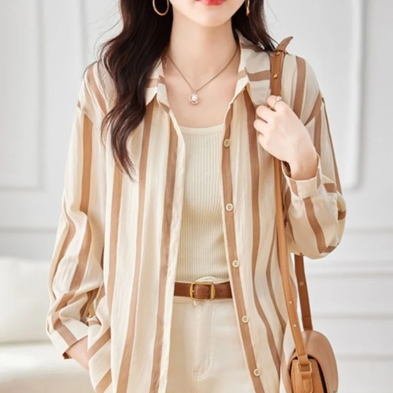 Women\'s Summer 2024 New Patchwork Turndown Collar Button Stripes Fashion Loose Office Lady All-match Long Sleeved Blouses Shirts