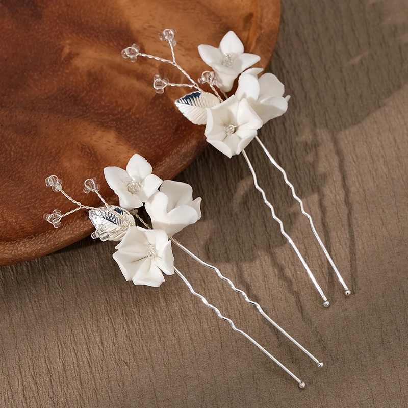 2PCS U-shaped Ceramic Flowers Hairpin Hair Accessories White Ceramic Flowers Updos Hair Pins for Bride Bridesmaids Flower Girls