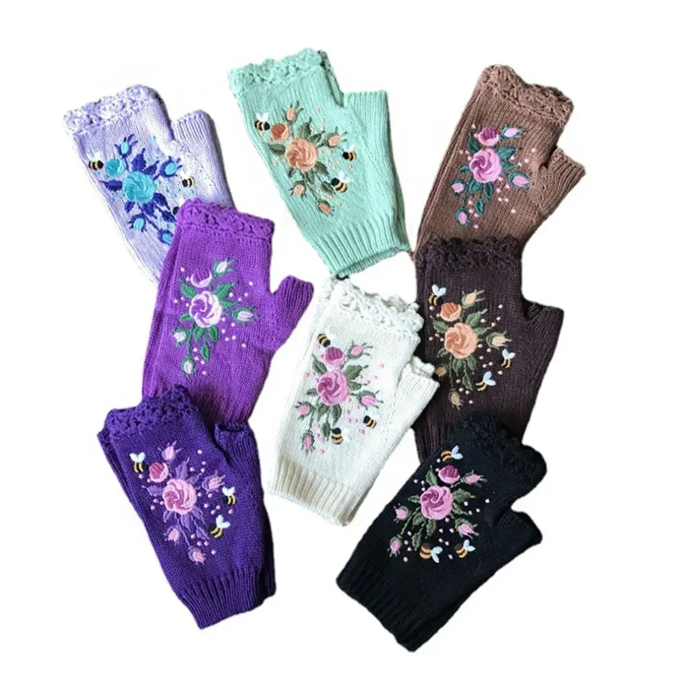 

Подарочные винтажные вязаные перчатки с вышивкой, перчатки без пальцев с цветочной пчелой, сенсорный экран, вязаные крючком варежки с цветком на половину пальца, уличные