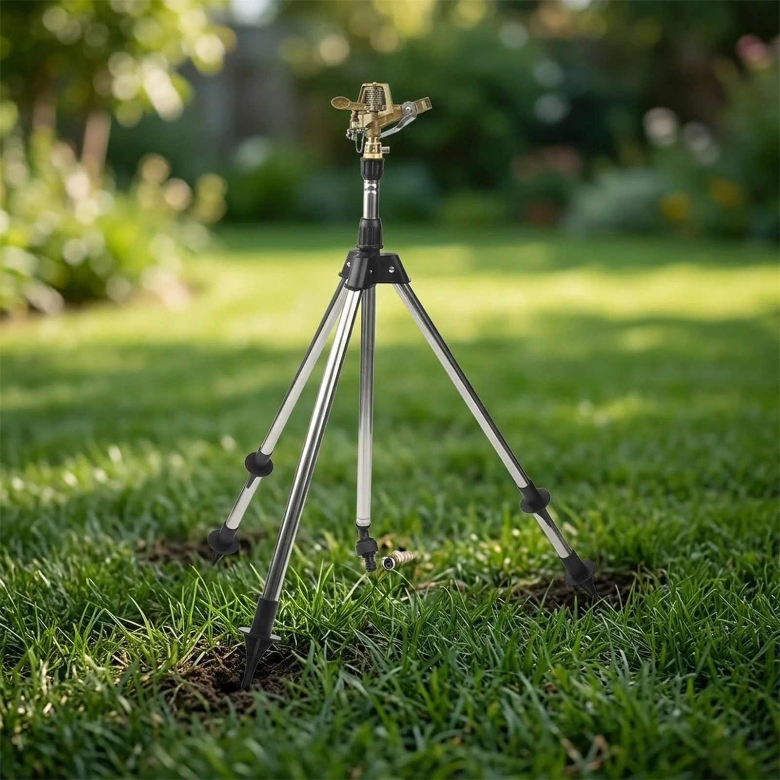Brass Reinforced Tripod Sprinkler with 360 Degree Coverage Pattern and for Adjustable Height Range for Placement Options