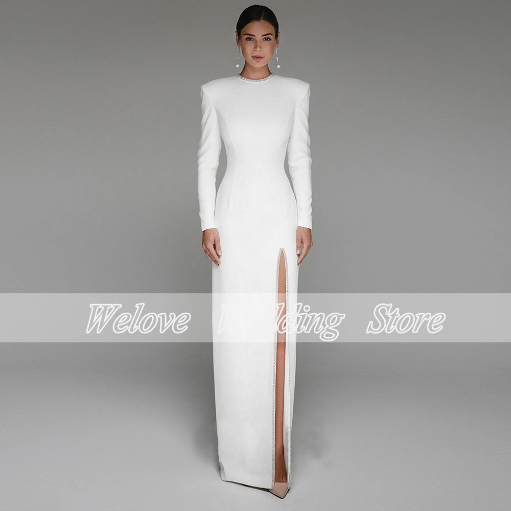 Abito da sposa civile Mono con spacco laterale O collo con manica intera lunghezza del pavimento abito da sposa semplice per donna Zip Back Vestido De Noche