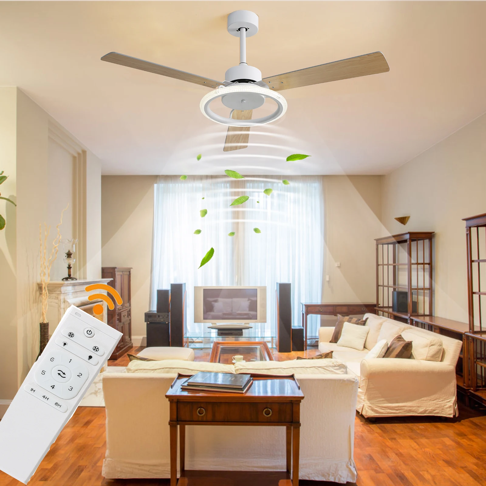 

52 Inch Fan Pendant Light Wooden Fan Blade - Three Color Temperate Variable Frequency with Remote Control