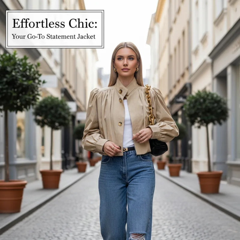 

Шикарная женская плиссированная короткая куртка с рукавами-фонариками и воротником-стойкой, однобортное легкое пальто для повседневной осенней одежды