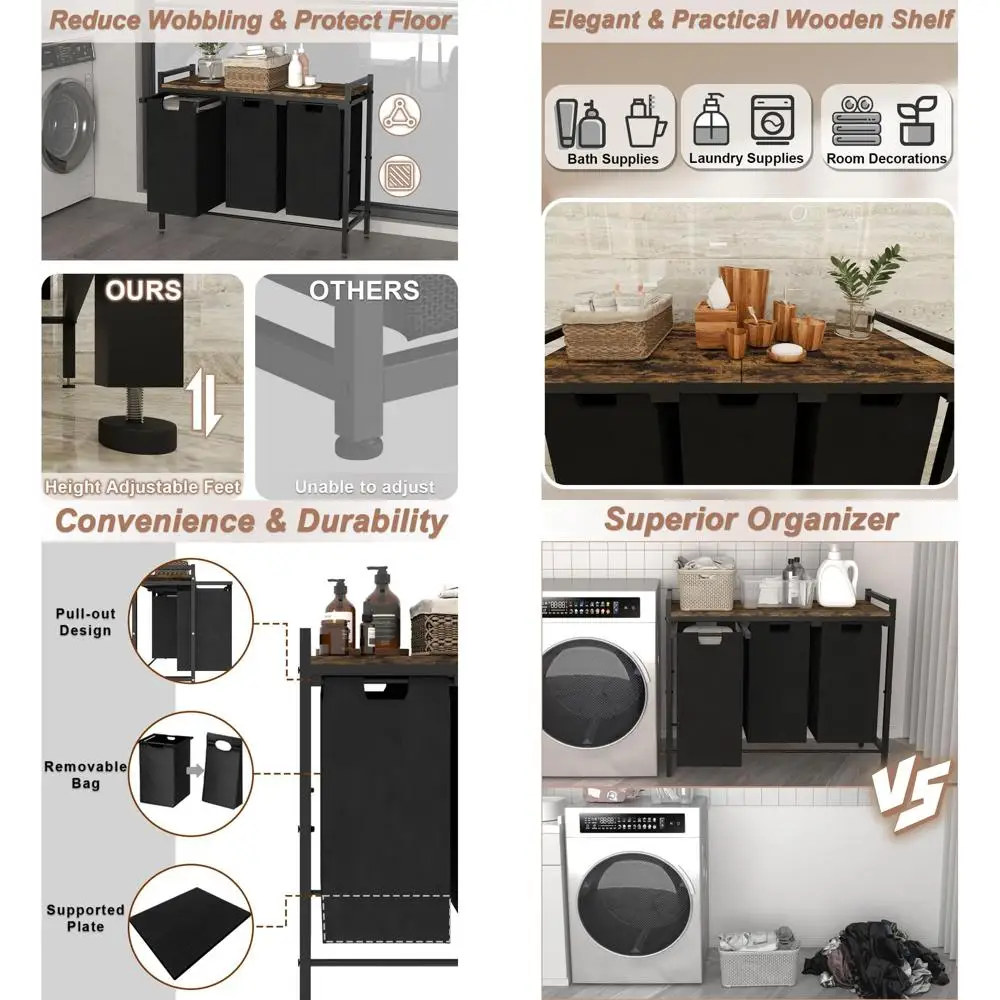 

10-Gallon Triple-Section Laundry Hamper with Removable Sorter Bags, Freestanding Organizer for Clothes and Toys in Home, Rustic