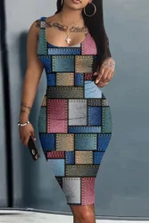 Women's Summer Denim Print Dress Large Size Eye-Catching Colorblock Soft Bodycon Fit Midi Length For Stylish Plus Size Dresses