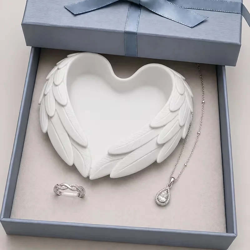 2026 Newest 3D Printed Angel Wing Heart Trinket Tray White Jewelry Storage Dish Desktop Ring Earring Holder Decor Ornament