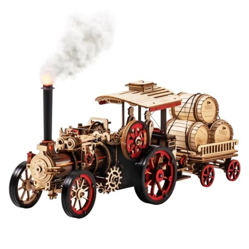 ROKR Zestaw do budowy modelu samochodu, drewniane puzzle 3D, zestaw do samodzielnego montażu lokomotywy parowej 1:28, mechaniczna lokomotywa parowa, świetne prezenty dla dorosłych i nastolatków