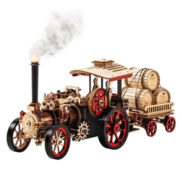 ROKR Zestaw do budowy modelu samochodu, drewniane puzzle 3D, zestaw do samodzielnego montażu lokomotywy parowej 1:28, mechaniczna lokomotywa parowa, świetne prezenty dla dorosłych i nastolatków
