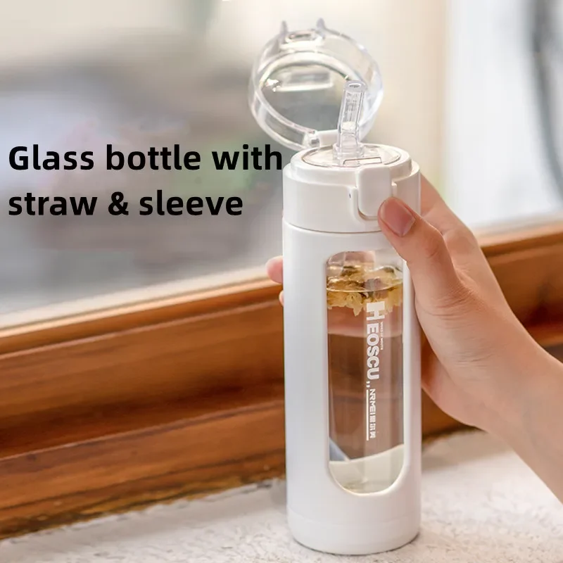 Double Portable Glass Cute Water Bottle with Plastic Sleeve Kawaii Cup Tumbler with Straw Gifts for Girls Milk Coffee Juice