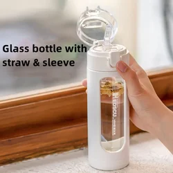 Double Portable Glass Cute Water Bottle with Plastic Sleeve Kawaii Cup Tumbler with Straw Gifts for Girls Milk Coffee Juice