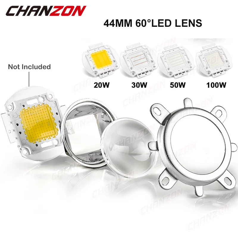 1 Set 44mm LED Lens Optical Glass 60 Degree + 50mm Reflector Collimator + Fixed Bracket For 20W 30W 50W 100W High Power COB Chip