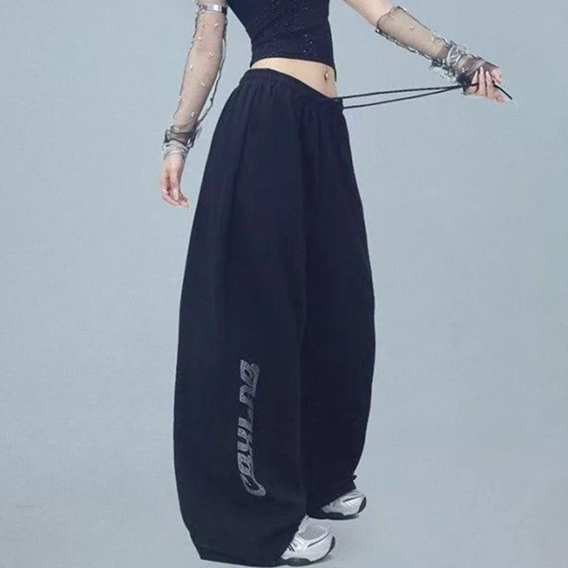 여성용 편지 인쇄 바지 느슨한 스포츠 바지 힙합 스트리트 댄스 넓은 다리 높은 허리 바지 캐주얼 심플한 디자인 Y2K