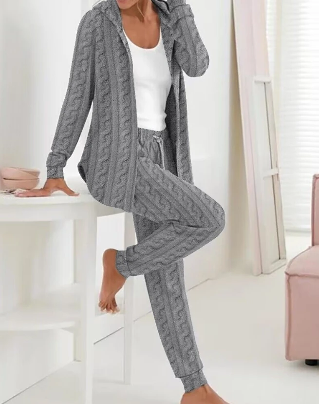 

Sportswear Women's New 2023 Hot Selling Fashion Textured Wool Long Sleeve Cardigan Hooded Top and Drawstring Slim Fit Pants Set