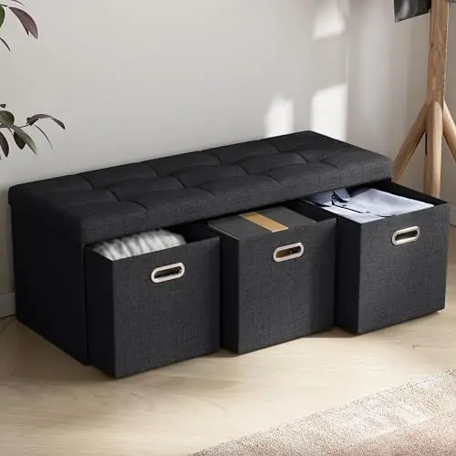 

Foldable Tufted Linen Large Long Bench Ottoman Foot Stool Seat with 3 Drawer Cubes - 15" x 40" x 15", Black Cow Wiggle stool