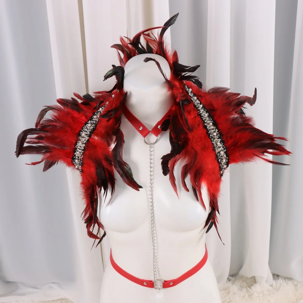 Gotycki Punkowy Szal z Imitacji Piór Personalizowany Pas na Klatkę Piersiową ze Skóry PU Kostium na Halloween Boże Narodzenie do Odgrywania Ról na Scenę
