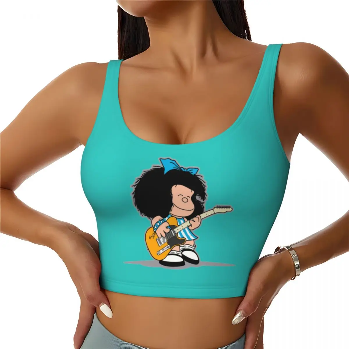 Custom Mafalda Playing Her Guitar Workout Crop Tank Tops Women's Seamless Quino Kawaii Cartoon Yoga Running Sports Bras