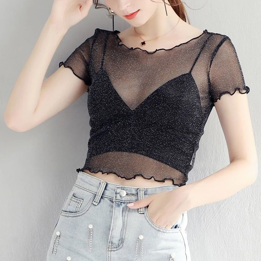 

Girls Y2k Short Sleeve Mini Short Crop T Shirt Women Silver Shiny Transparent Elastic Female Blouses Woman 5 Color S-2XL Tops