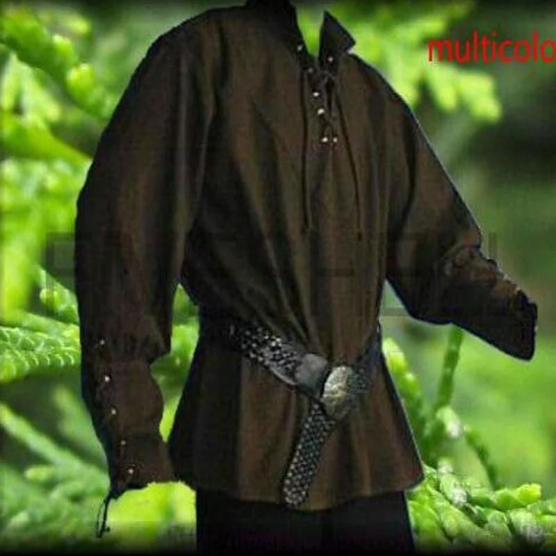 New Adult Men Medieval Renaissance Grooms Pirate Reenactment Larp Costume Lacing Up Shirt Middle Age Bandage Sleeves Top For Men