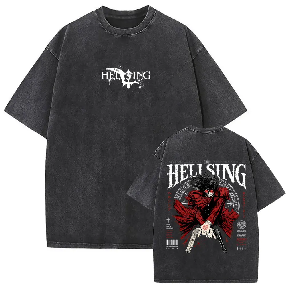 Anime Hellsing Abraham Van Helsing Vampire Alucard Vintage Washed T-shirt Men's Women Cartoon Manga Oversized T Shirt Streetwear