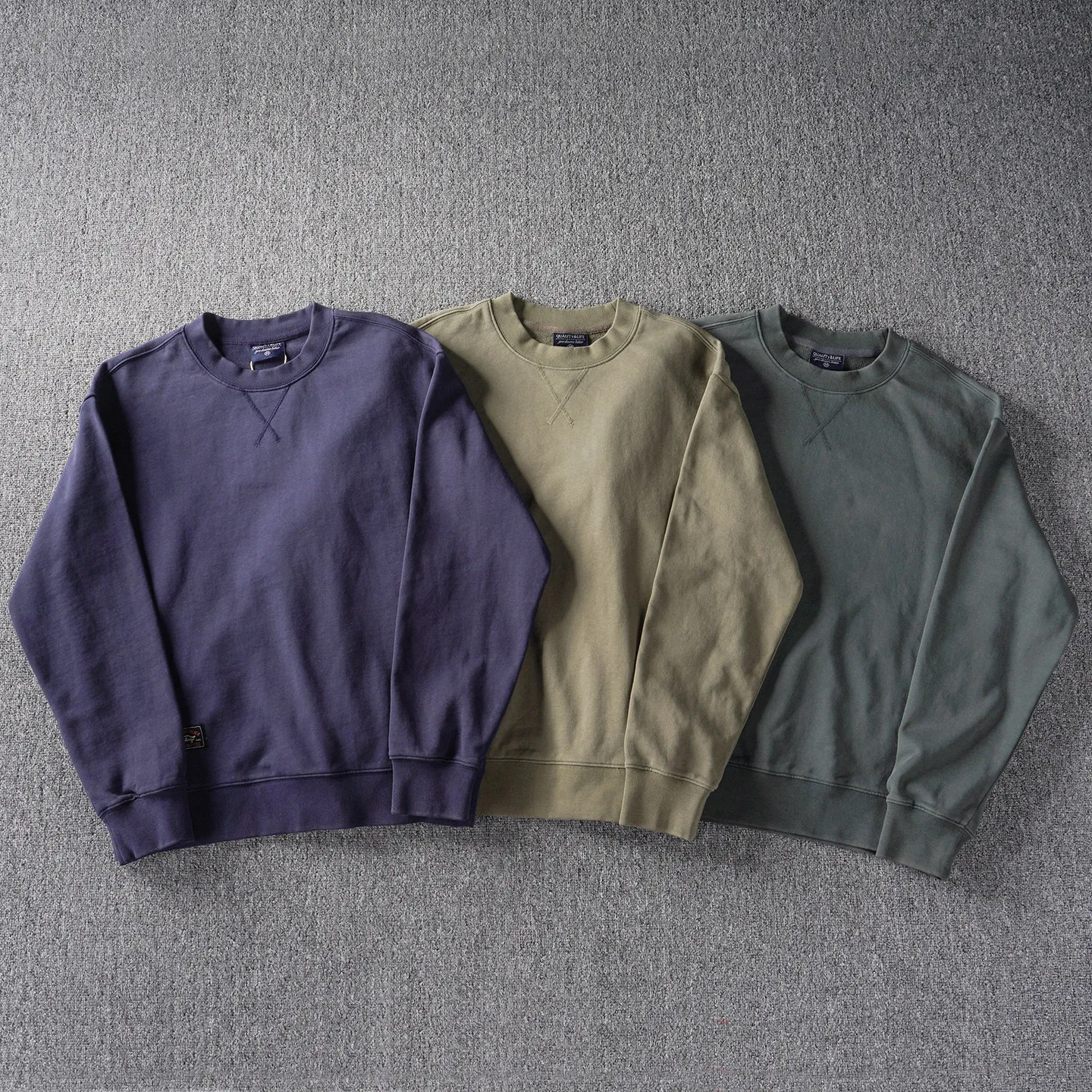 Heavy distressed retro washed soft waxy fabric round neck sweatshirt men's loose dropped shoulder splicing top