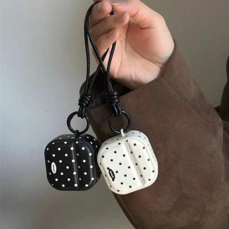 

Classic Black White Polka Dots Pattern Earphone Case For Airpods 4 Pro 2 3 Imitation Leather Wireless Bluetooth Cover Lanyard
